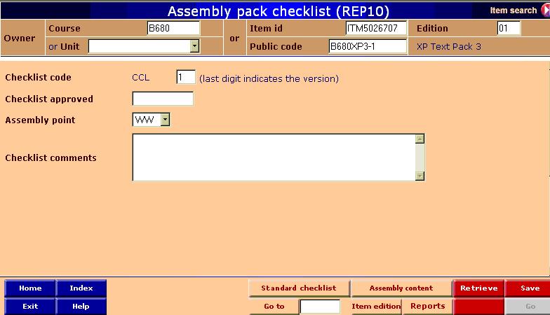 Assembly pack checklist screen (REP10)